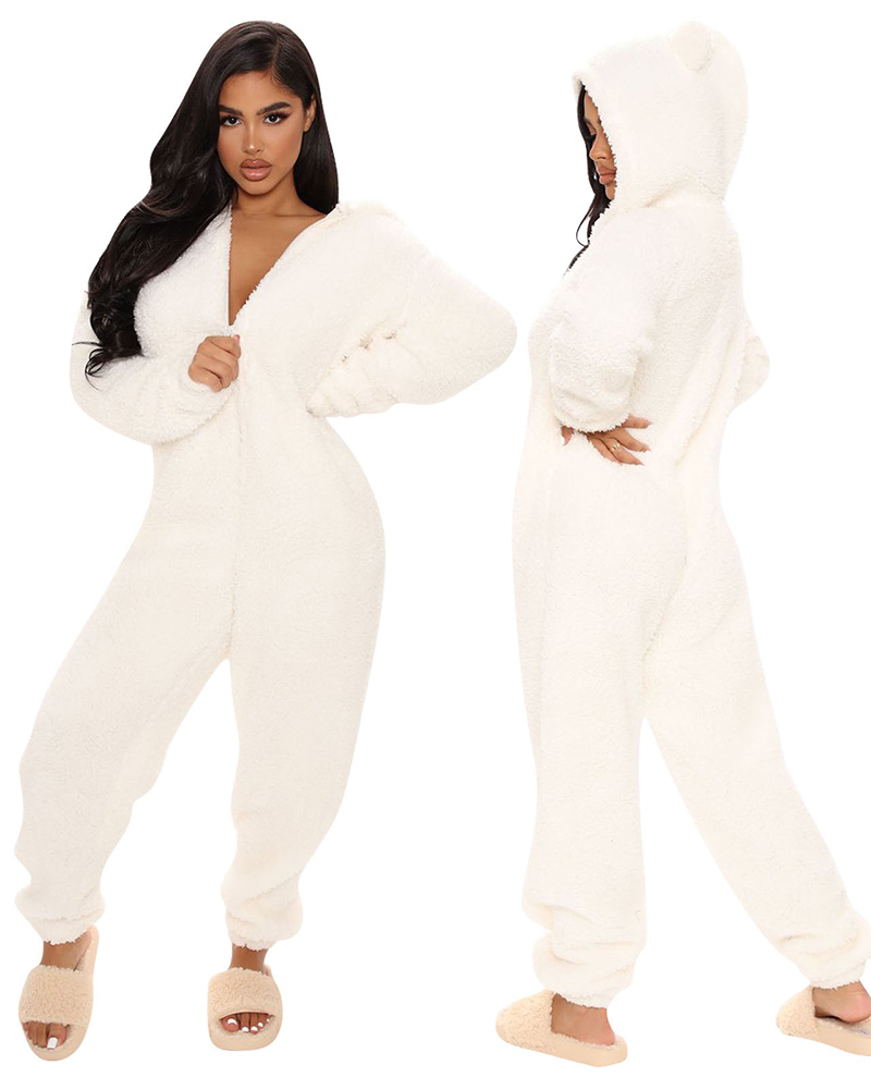 

3D Ear Zipper Front Hooded Fluffy Lounge Jumpsuit, White