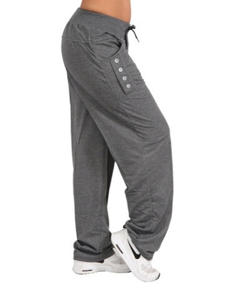 

Button Decor Slant Pocket Drawstring Straight Leg Pants, Dark grey