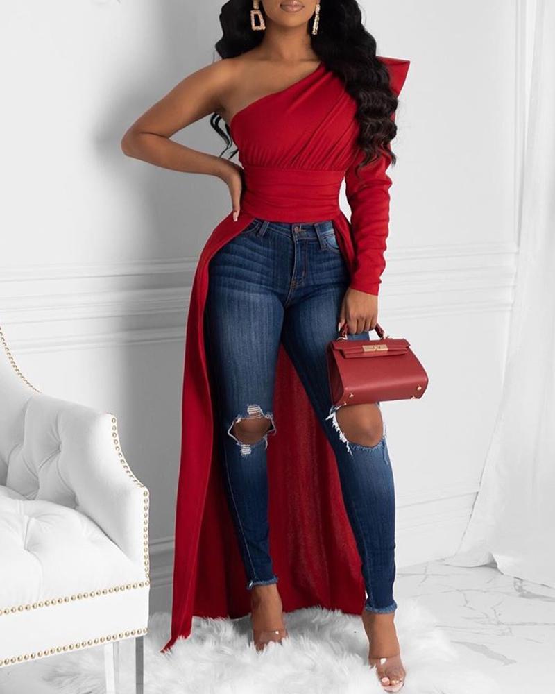 

One Shoulder Dip Hem Puff Sleeve Top, Red