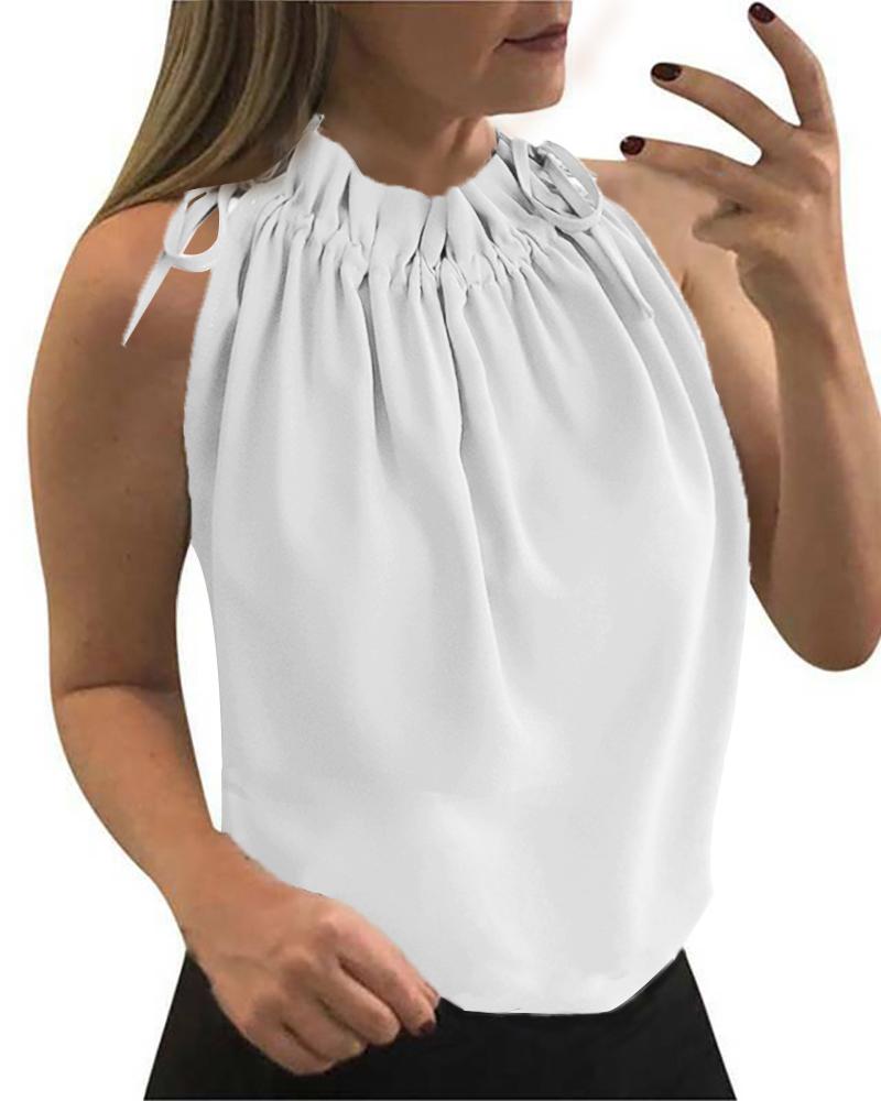 

Solid Ruffles Sleeveless Loose Chiffon Tanks, White