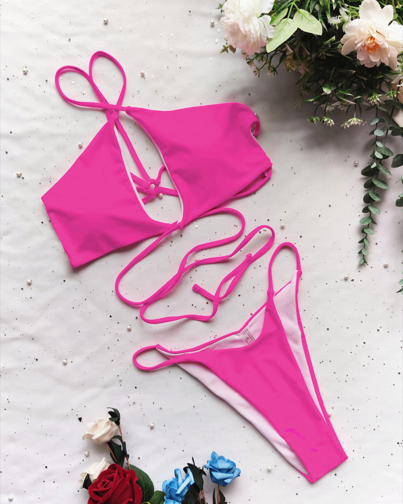 

One Shoulder Criss Cross Tied Detail Bikini Set, Hot pink