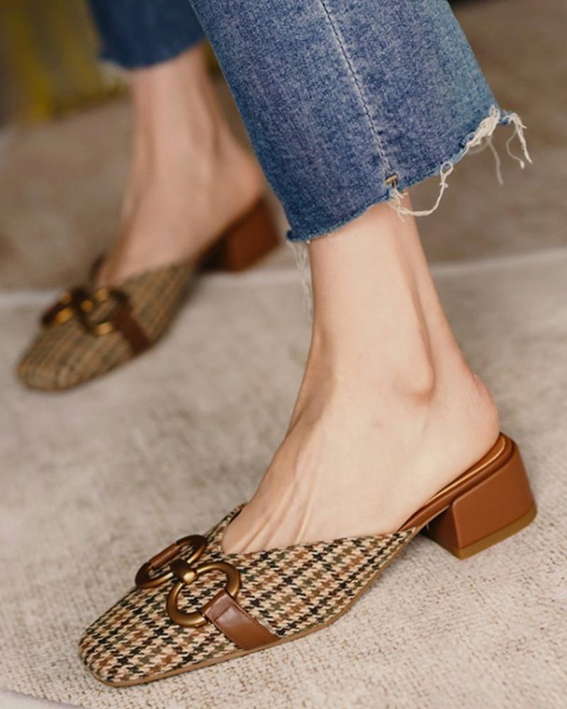 

Square-toe Houndstooth Print Splicing Buckle Muller Shoes, Brown
