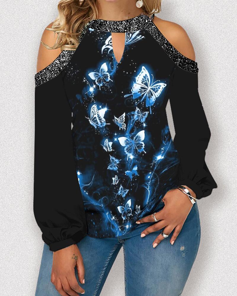 

Cold Shoulder Butterfly Print Top, Lighted blue