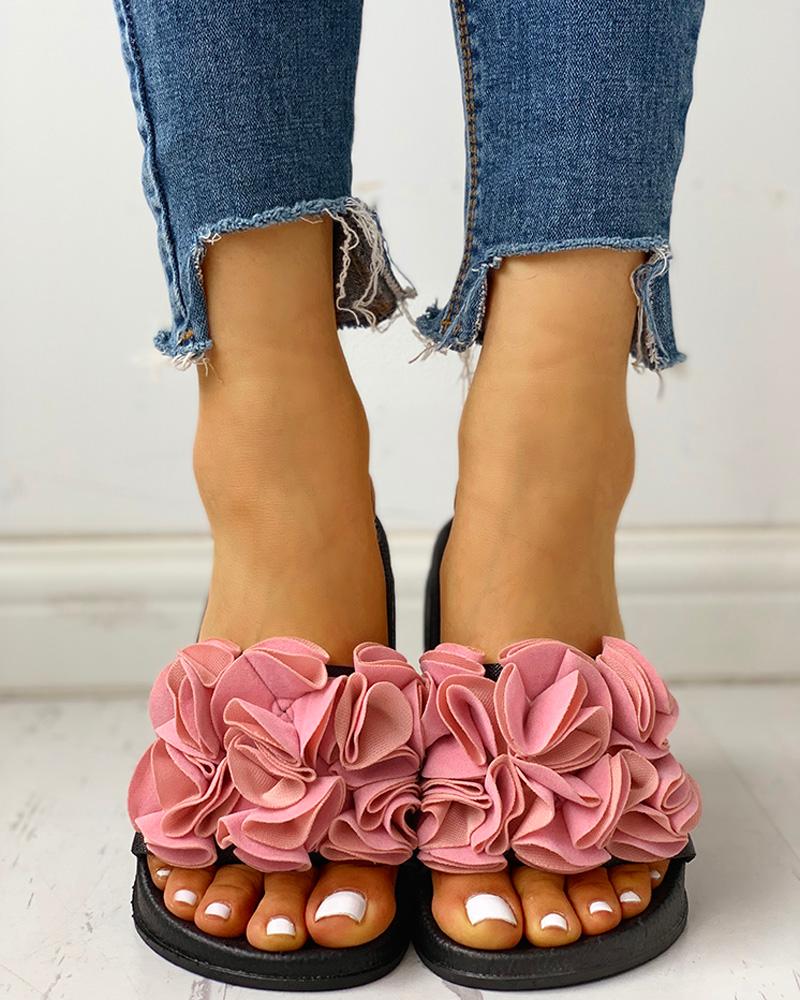 Ruched Flower Embellished Flat Sandals