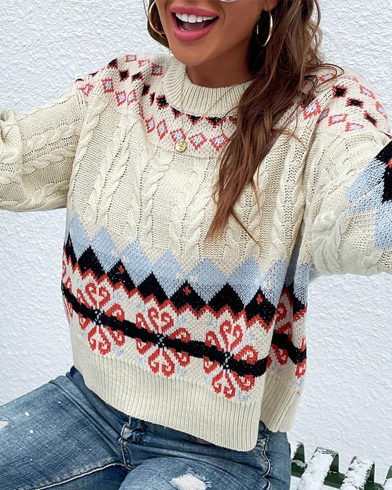 

Christmas Geo Print Cable Knit Sweater, Beige