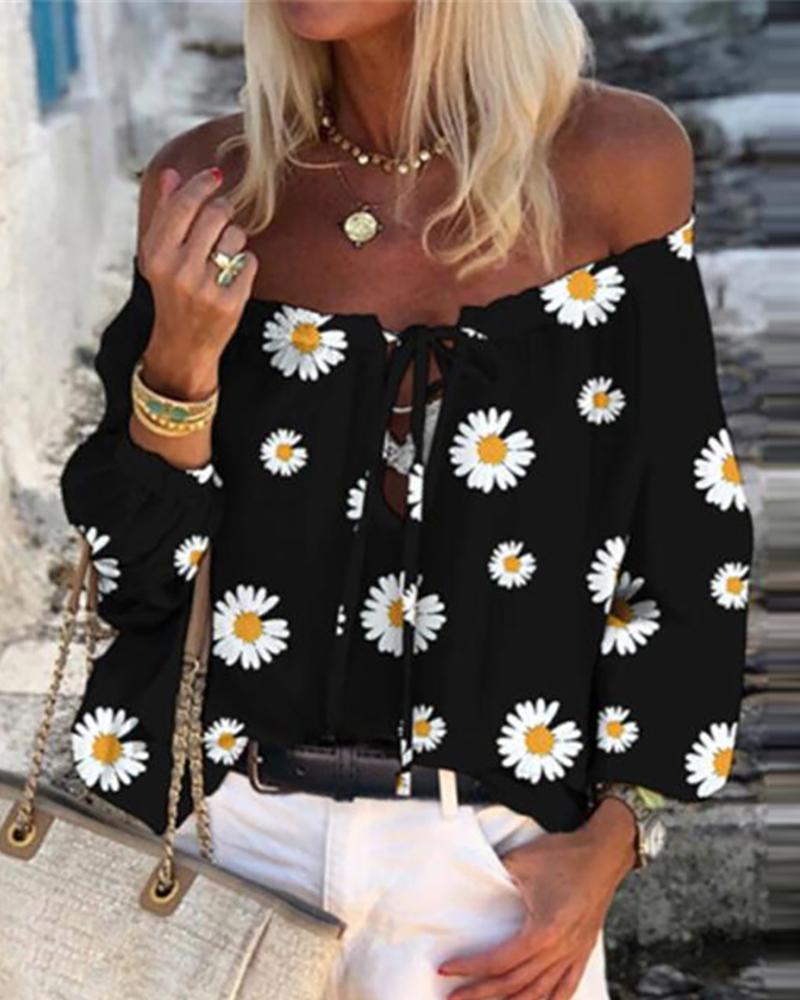 

Off Shoulder Cheetah Print Lace Up Front Top, Black