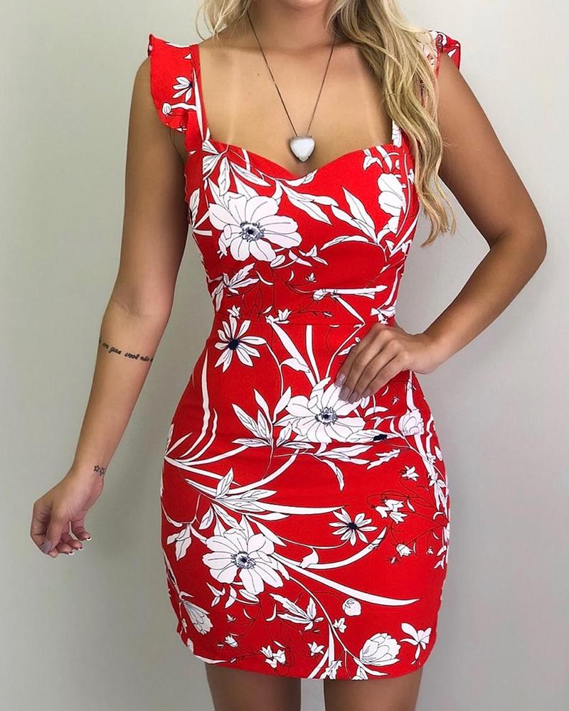 

Floral Print Sweetheart Neck Ruffle Strap Mini Dress, Red
