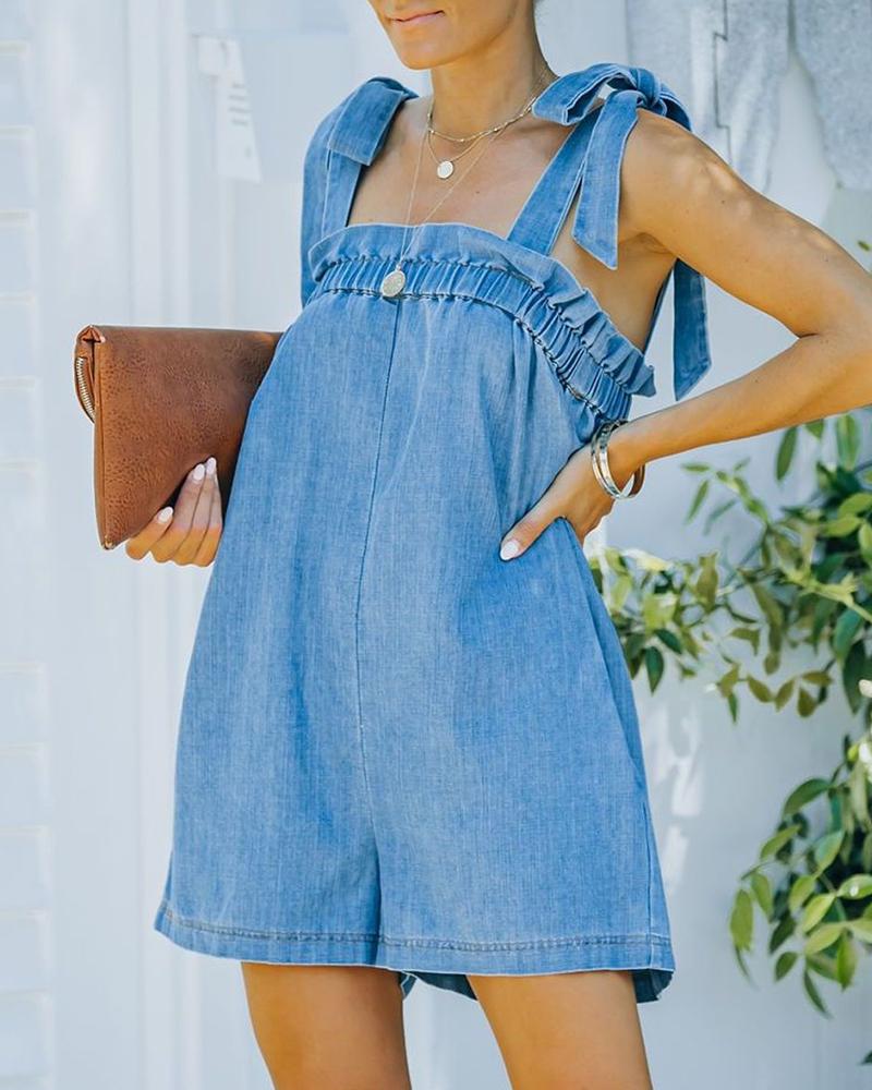 

Frill Hem Tied Detail Pocket Decor Denim Romper, Lighted blue