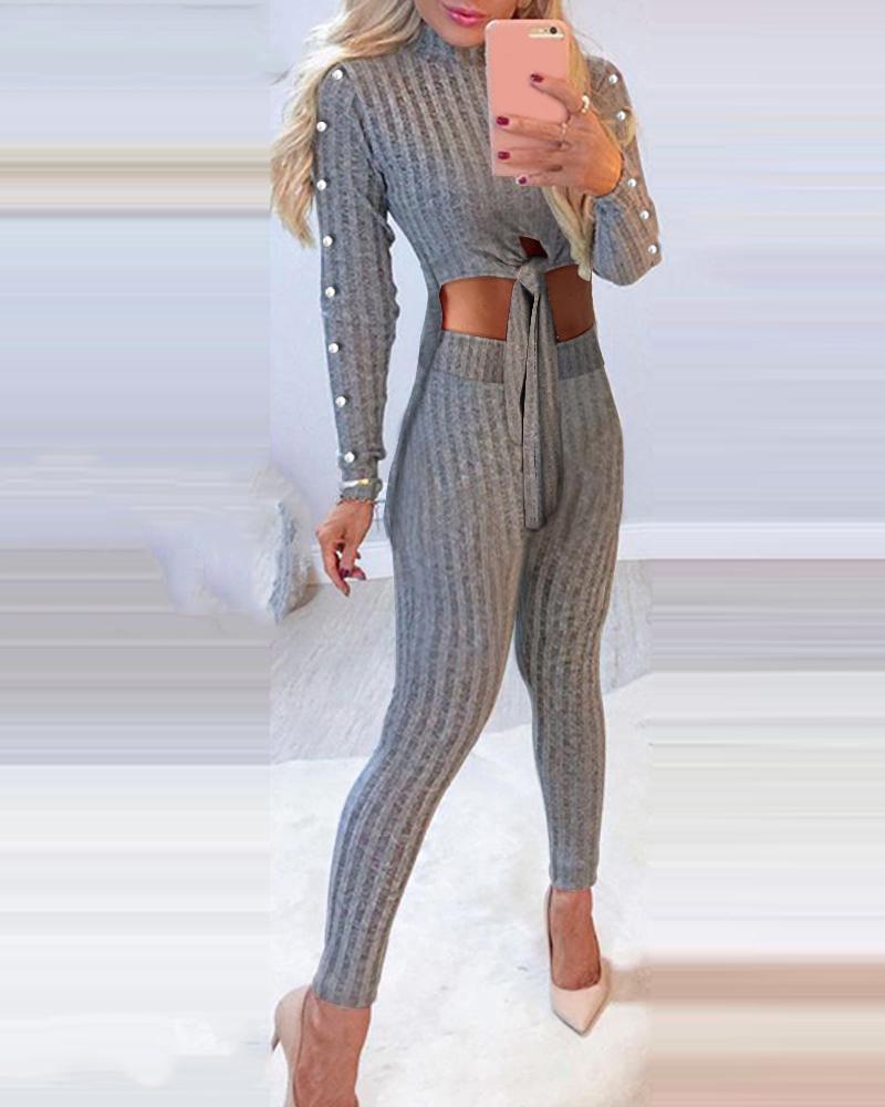 

Beaded Tie Front Dip Hem Top & High Waist Pants Set, Gray