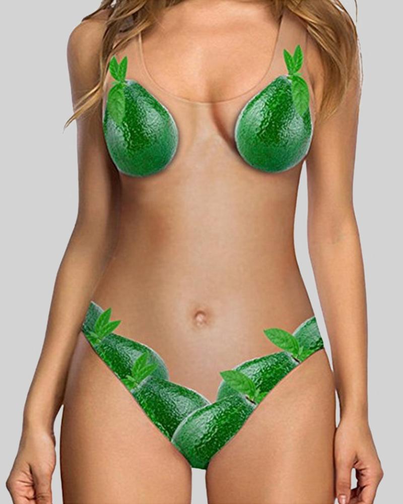 

Rouge Rose Print Strap Sleeveless Skinny Cut-out One-piece Swimwear, Green