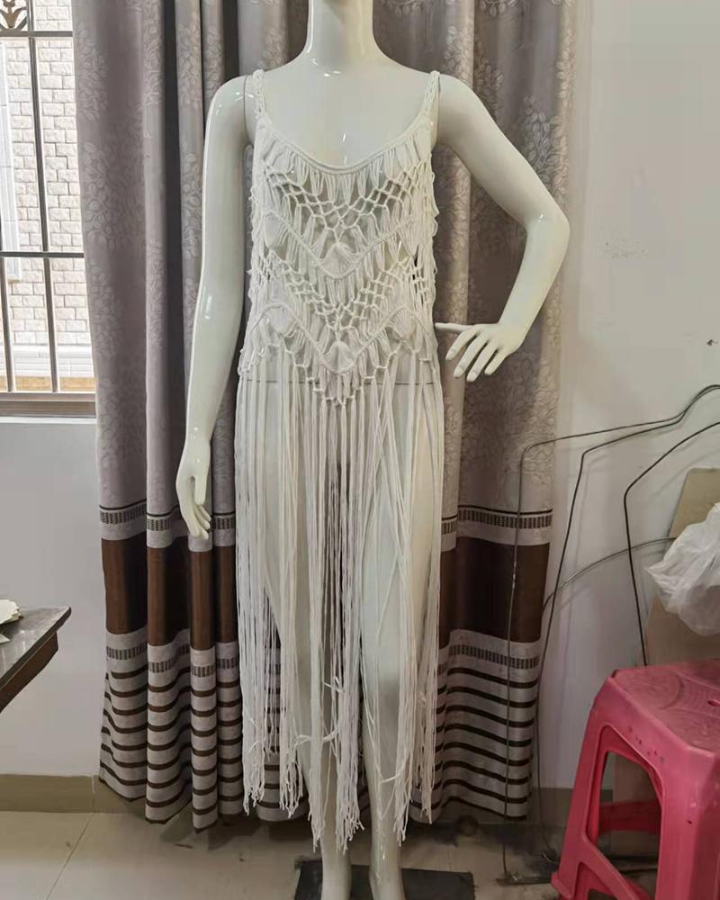 

Tassel Design Hollow Out Beach Cover Up Crochet Dress, White