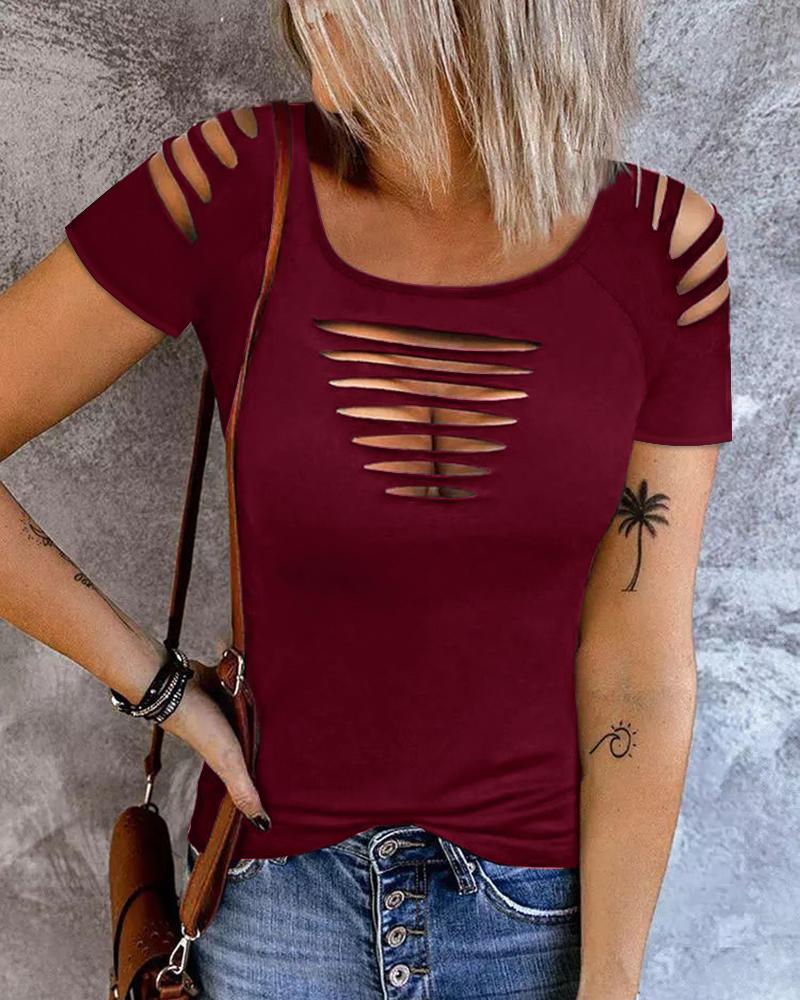 

Ladder Cutout Round Neck Casual T-shirt, Wine red