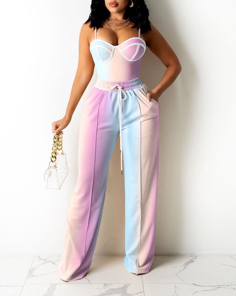 

Ombre Contrast Binding Top & Drawstring Wide Leg Pants Set, Multicolor