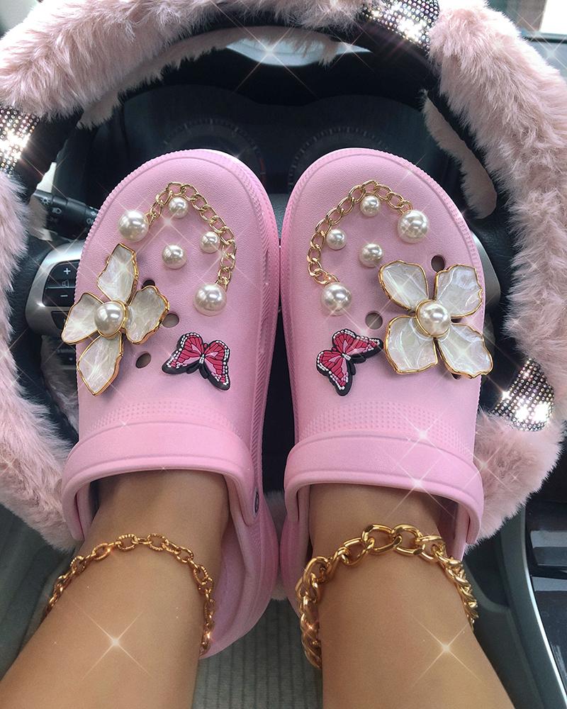 

Chain Floral Pattern Beaded Fluffy Clogs, Pink