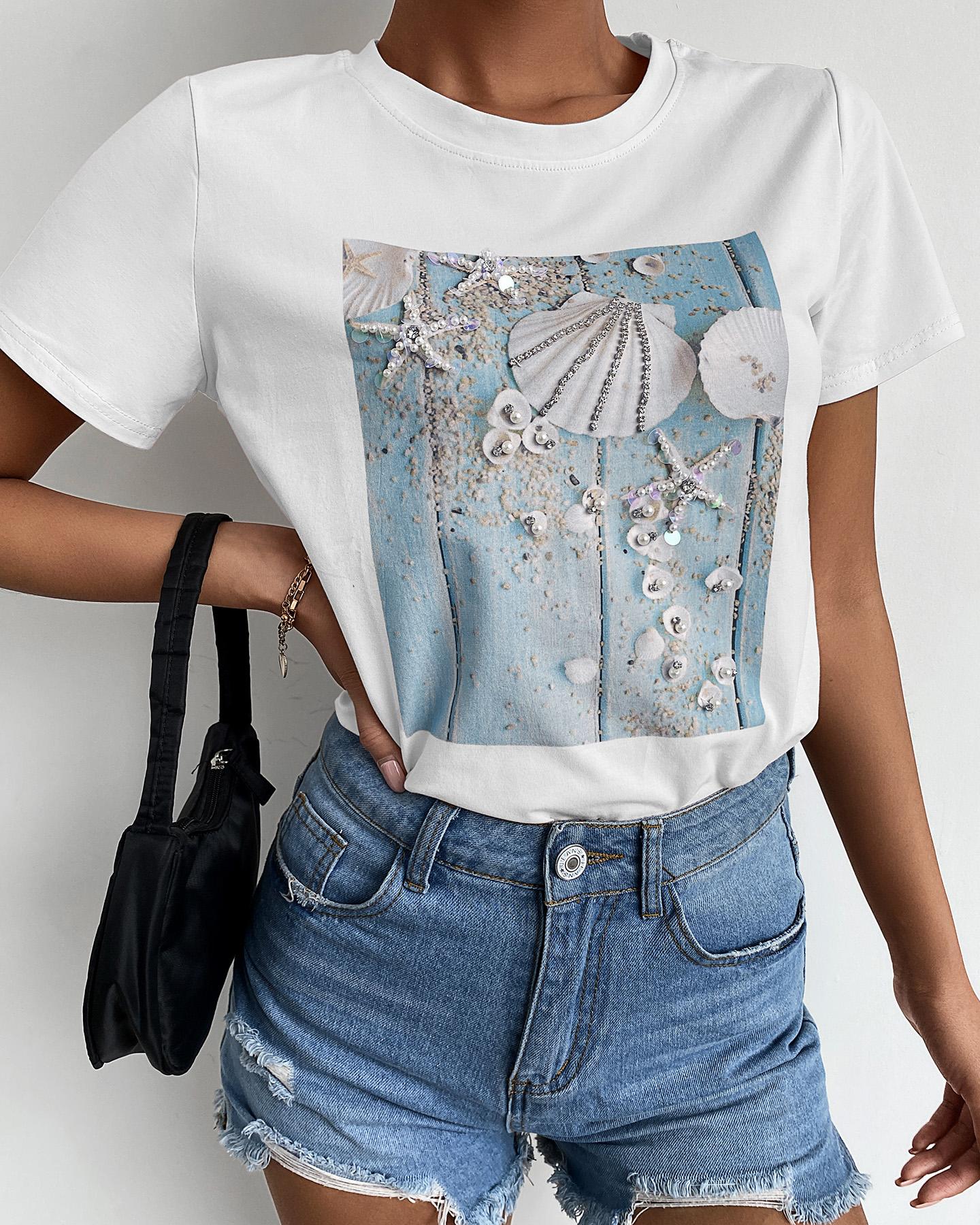 

Graphic Print Studded Short Sleeve T-Shirt, White