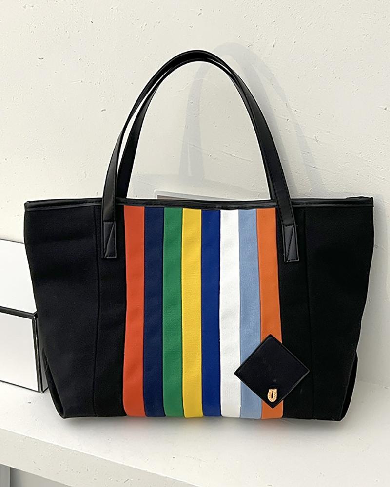 

Rainbow Stripe Print Canvas Tote Bag, Black