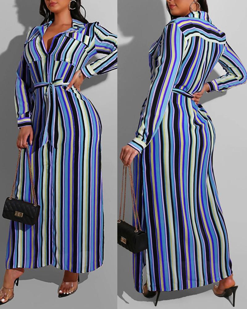 

Plus Size Striped Print Button Down Shirt Dress, Blue