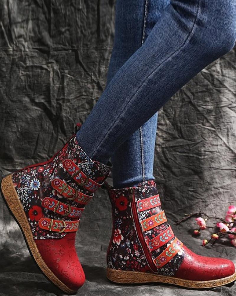 

Floral Pattern Colorblock Ankle Boots, Red