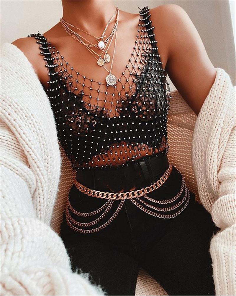 

Rhinestone Decor Fishnet Crop Top, Black