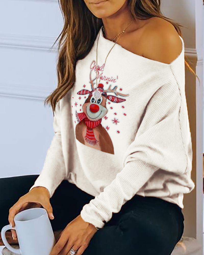 

Christmas Moose Print Long Sleeve Casual Sweatshirt, White