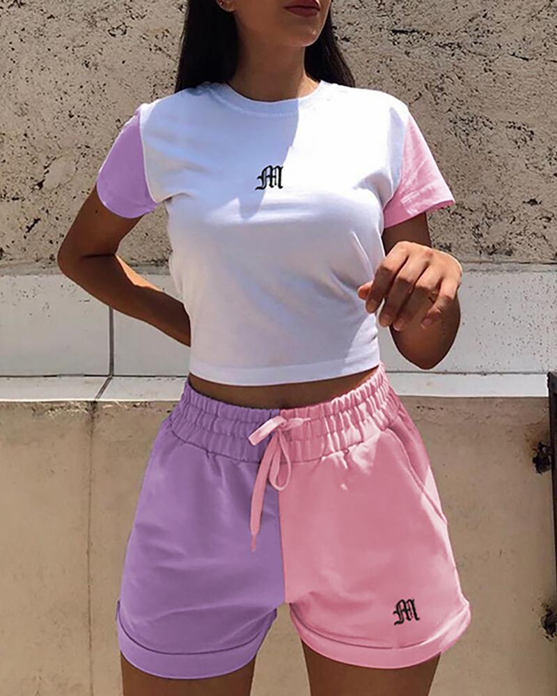 

Letter Embroidery Colorblock Top & Drawstring Shorts Set, Pink