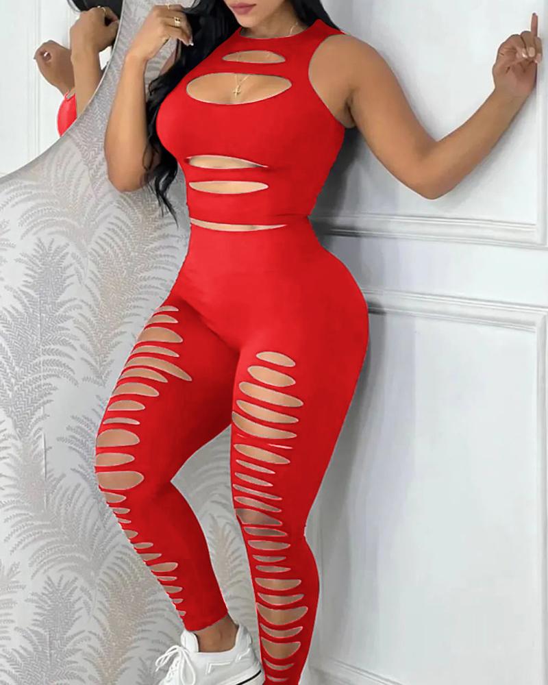 

Ladder Cutout Tank Top & High Waist Pants Set, Red