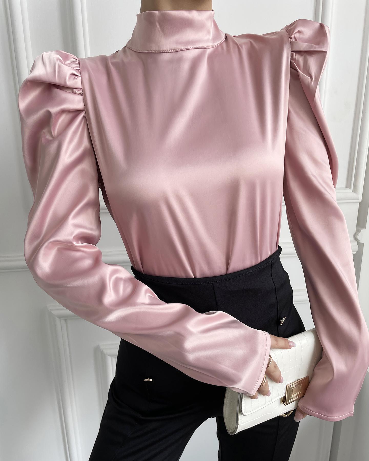 

Satin Puff Sleeve High Neck Top, Pink