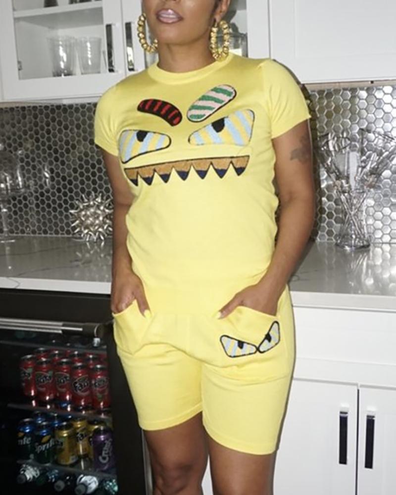 

Cartoon Embroidery T-Shirt & Short Sets, Yellow