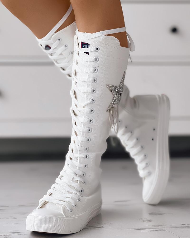 

Eyelet Lace-up Tassel Design Canvas Boots, White