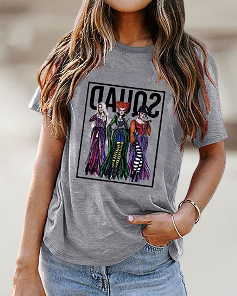 

Halloween Short Sleeve Graphic Letter Print Top, Gray