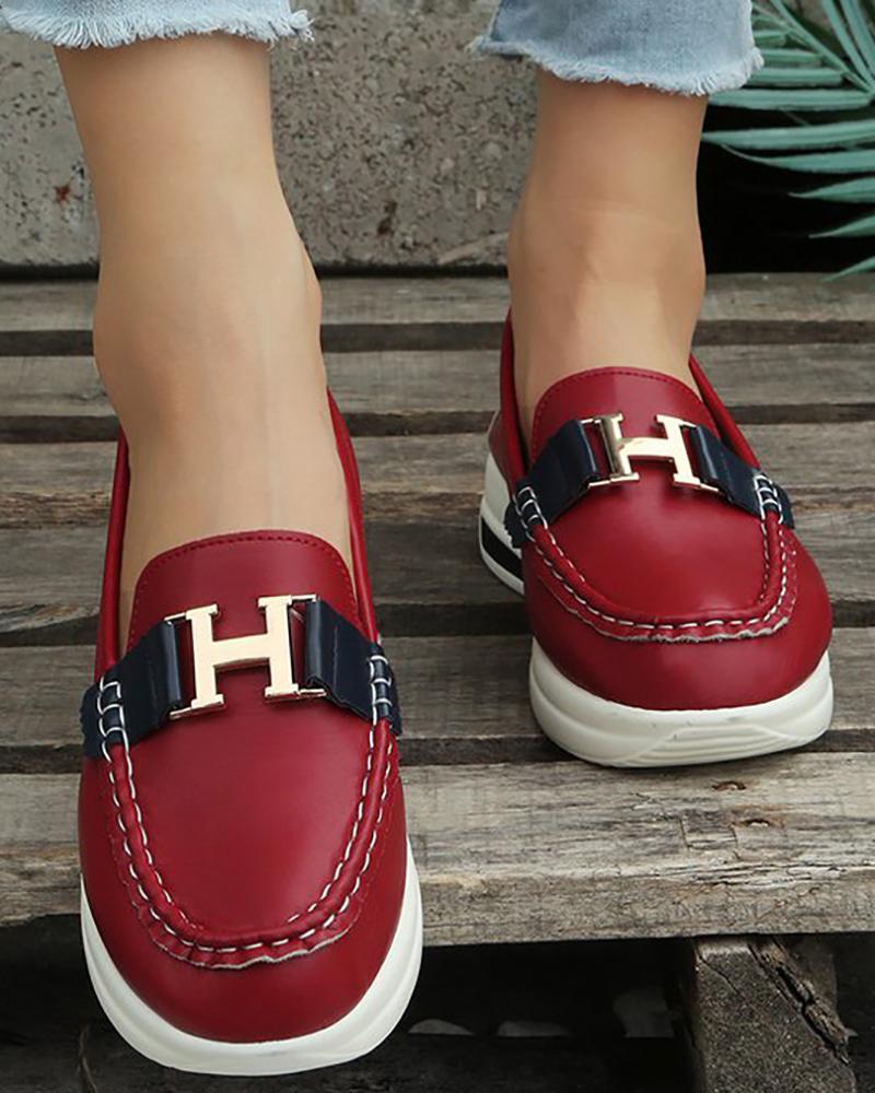 

Buckled Round Toe Slip On Muffin Loafers, Red