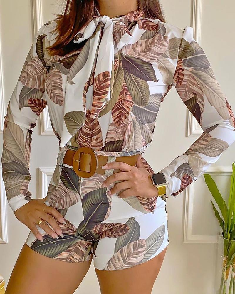 

Tropical Print Tie Neck Long Sleeve Top & Shorts Set, White