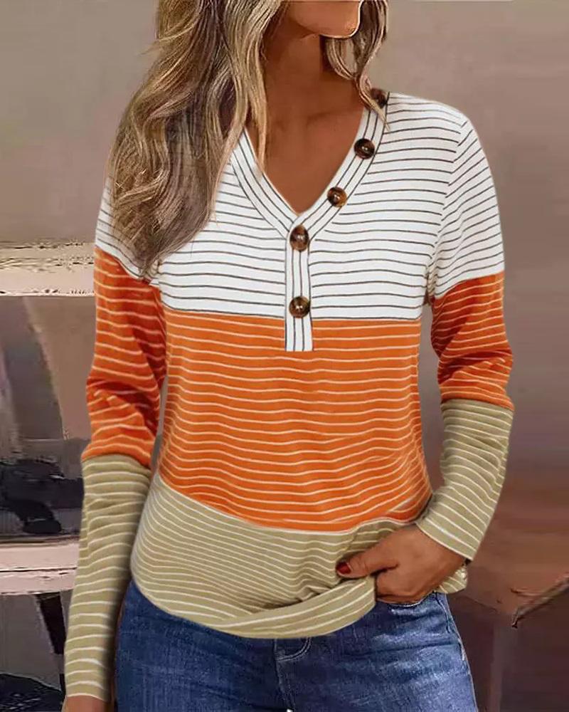 

Colorblock Striped Button Decor Long Sleeve Top, Orange