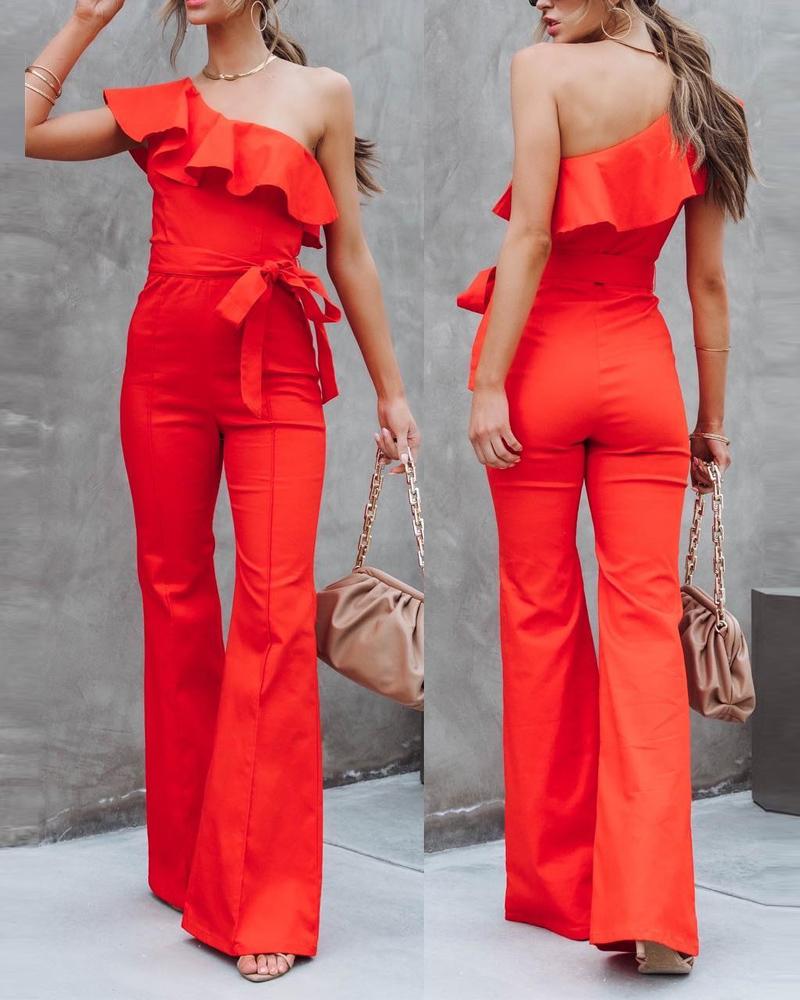

One Shoulder Ruffle Hem Jumpsuit, Orange