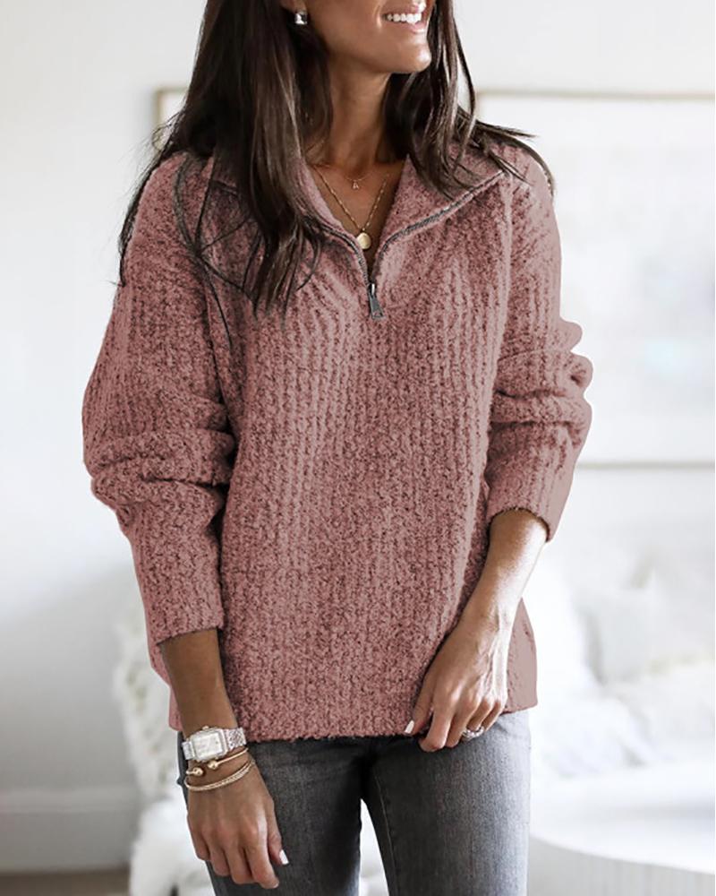 

Zipper Front Long Sleeve Sweatshirt, Pink