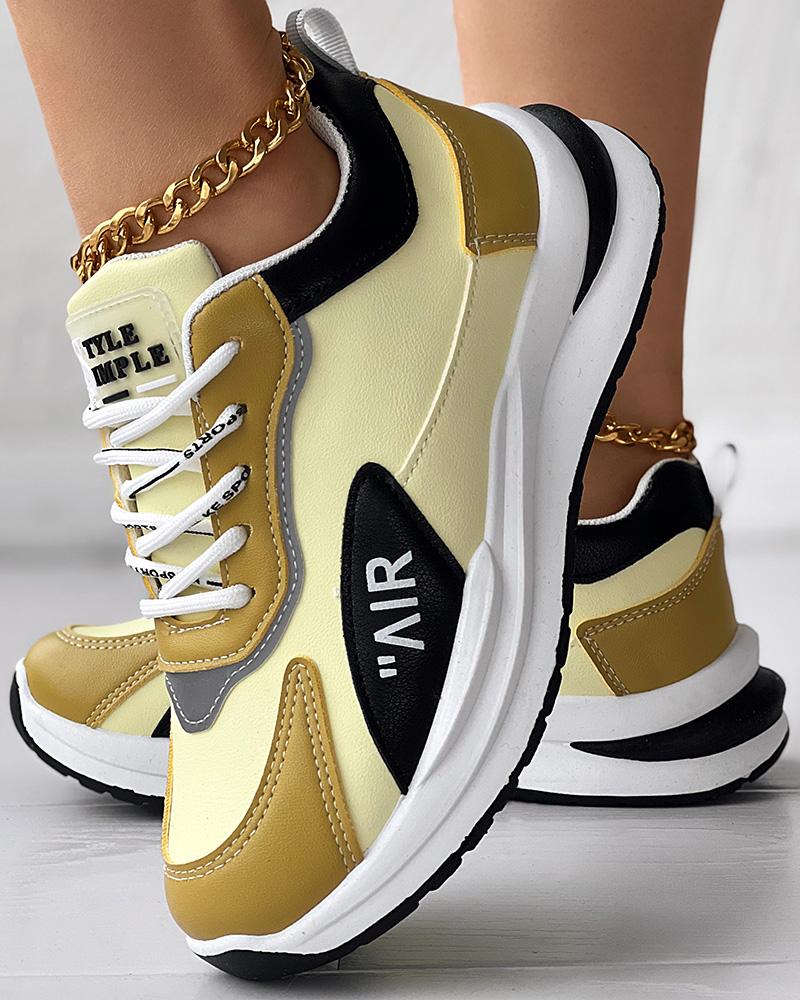 

Colorblock Lace-up Muffin Casual Sneakers, Light yellow