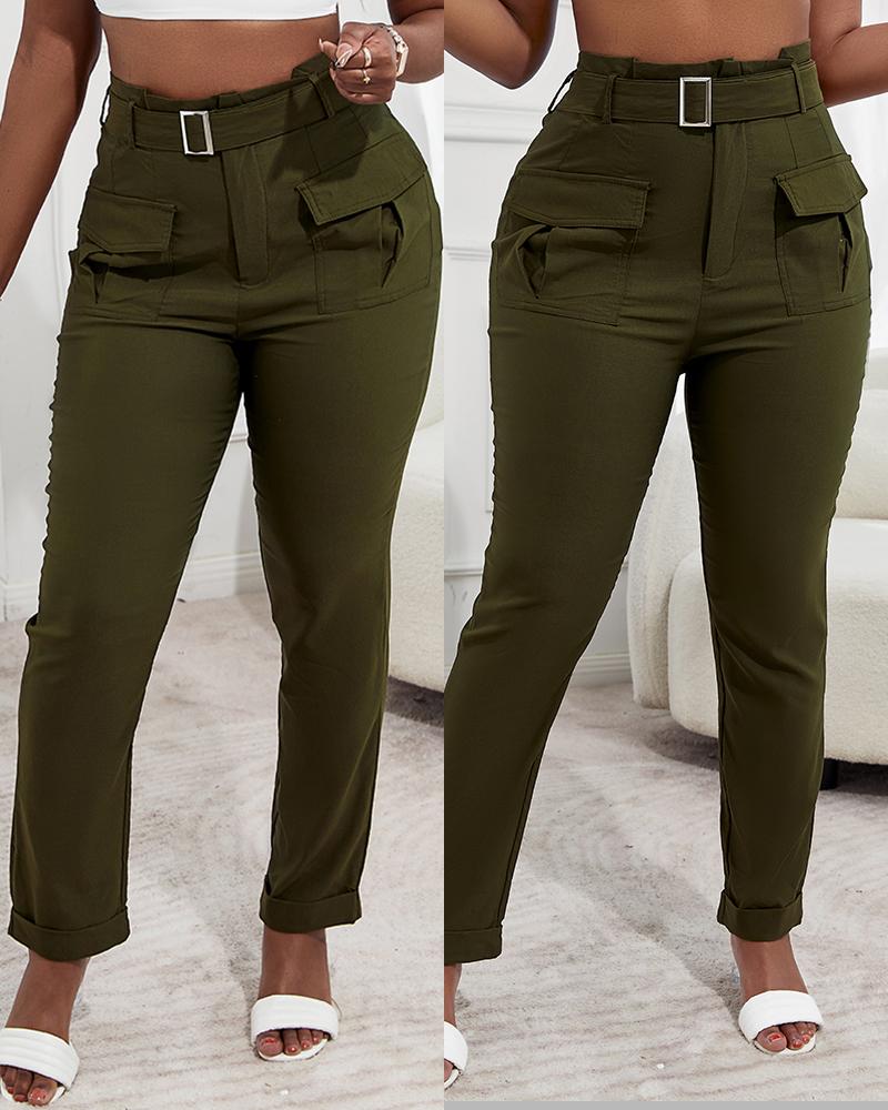 

High Waist Pocket Design Cargo Pants With Belt, Army green