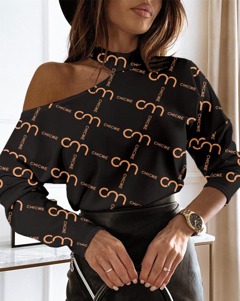 

ChicMe Long Sleeve Letter Print One Shoulder Top, Black