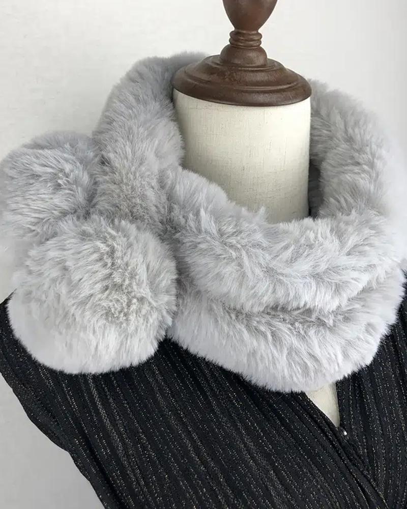 

Fashion Anti-Cold Thermal Solid Color Plush Winter Scarf With Pompom, Gray
