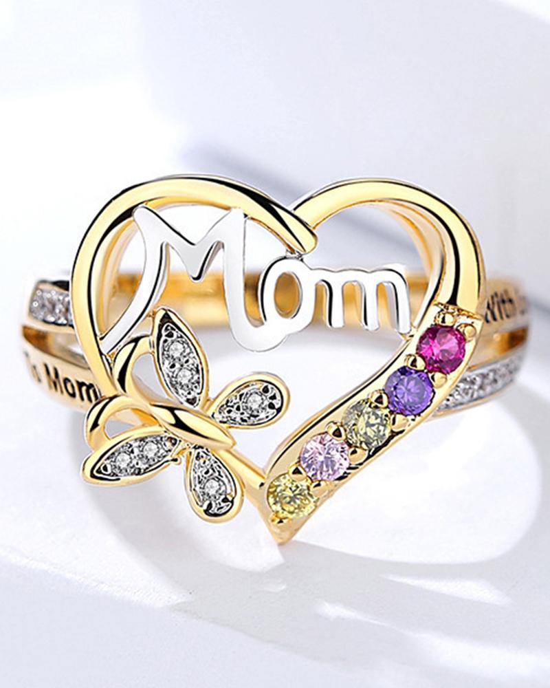 

1pc Mother's Day Gift Rhinestone Love Heart Mom Ring, Gold