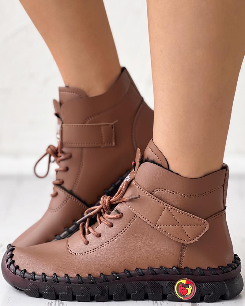 

Velcro Lace-up Martin Ankle Boots, Brown