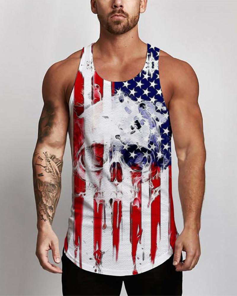 

Flag Print Sleeveless Slim Tanks, Multicolor