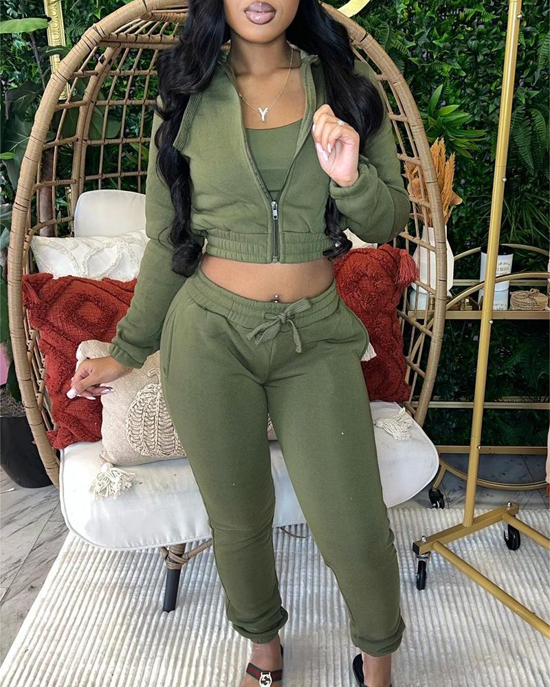 

Crop Top & Drawstring Pants Set With Zipper Design Coat, Green
