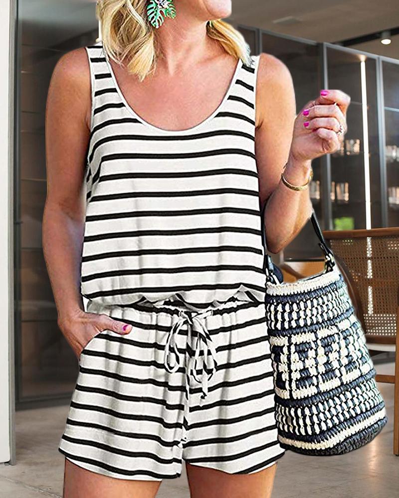 

Striped Thin Strap Drawstring Romper, White