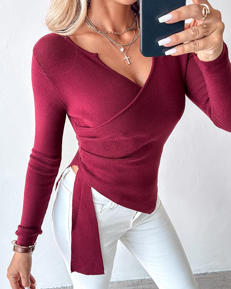 

V-Neck Long Sleeve Ruched Asymmetrical Hem Knit Sweater, Red