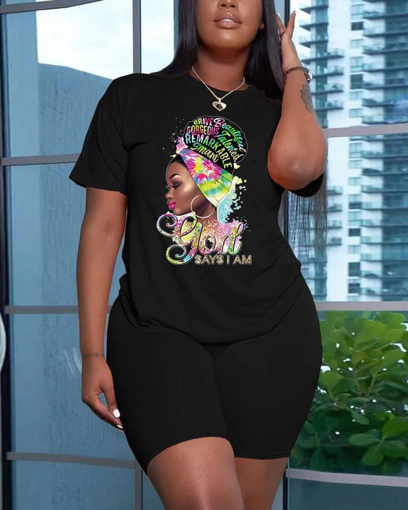 

Plus Size Figure Letter Print Casual Top & Shorts Set, Black