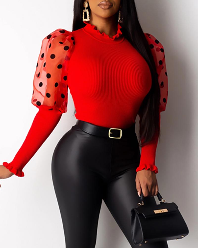 

Mesh Dot Puffed Sleeve Ribbed Women Blouse, Red