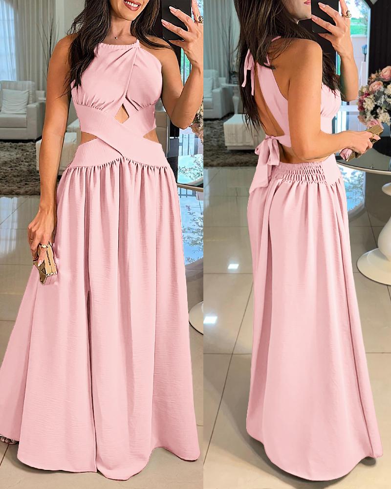 

Halter Sleeveless Tied Detail Shirred Criss Cross Flared Dress Glamorous Evening Dress, Light pink