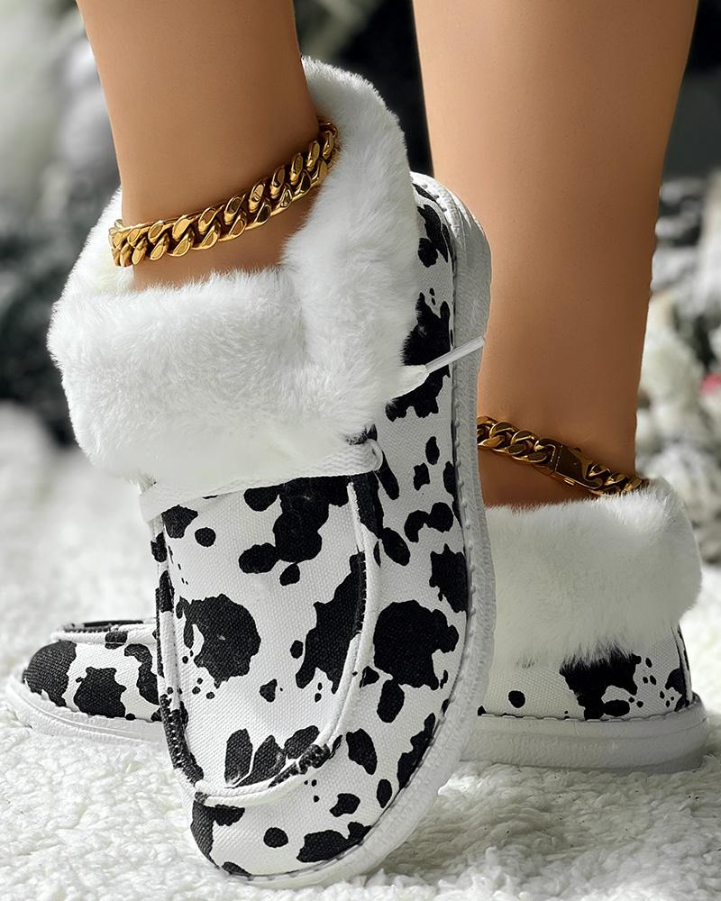 Halloween Cow Print Fuzzy Lined Ankle Boots