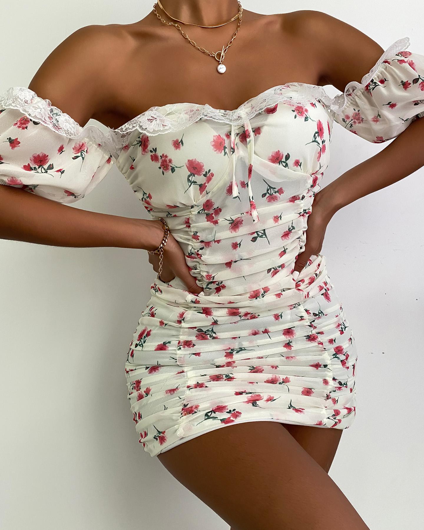

Off Shoulder Ditsy Floral Print Lace Hem Ruched Bodycon Dress, Multicolor